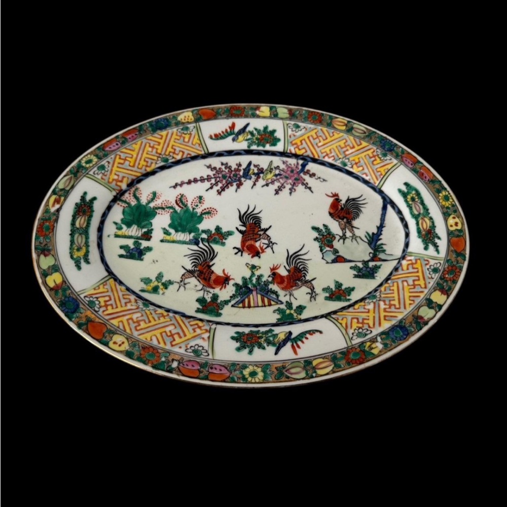 1960s Hong Kong Hand-Painted Porcelain Rooster Oval Platter | 12"×8⅝"